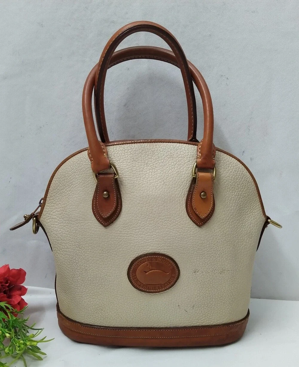 Dooney & Bourke Ivory Pebbled Leather Dommed Double Handle Zipper Satchel Bag